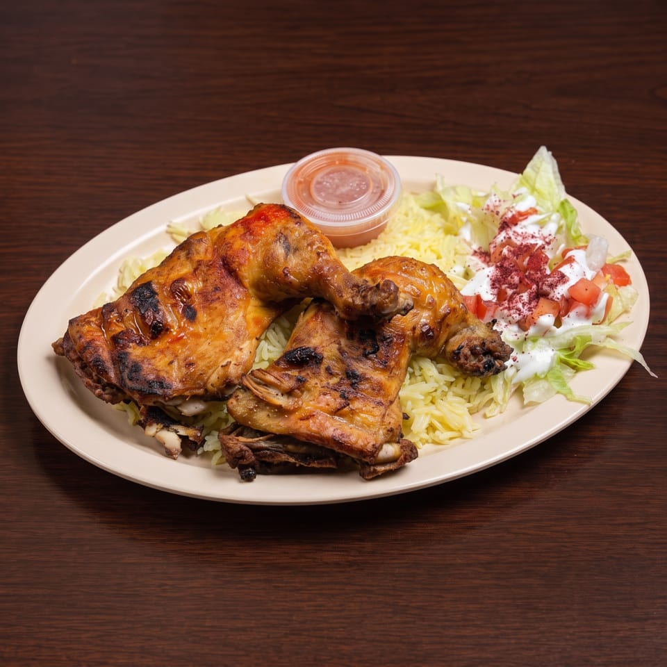 Grilled chicken legs with yellow rice, a side salad, and a small cup of sauce on a white plate.