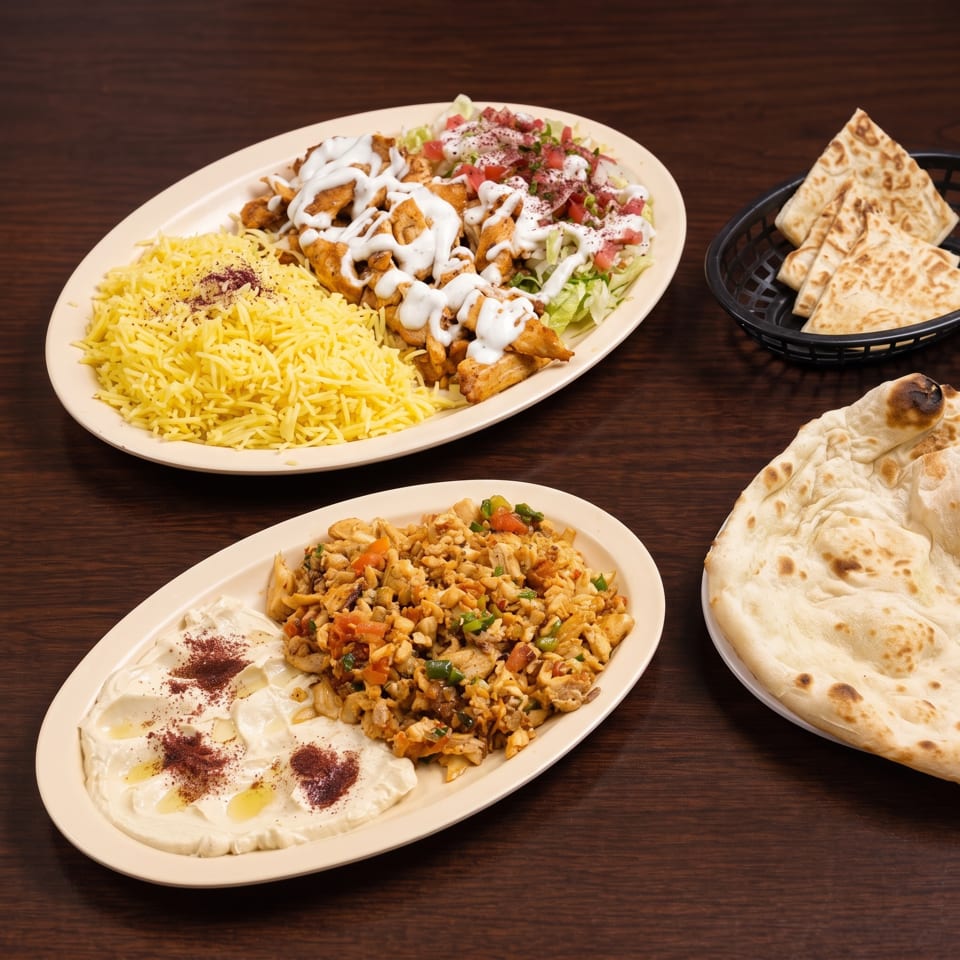Two plates of Middle Eastern food with chicken, rice, hummus, and pita bread on a wooden table.