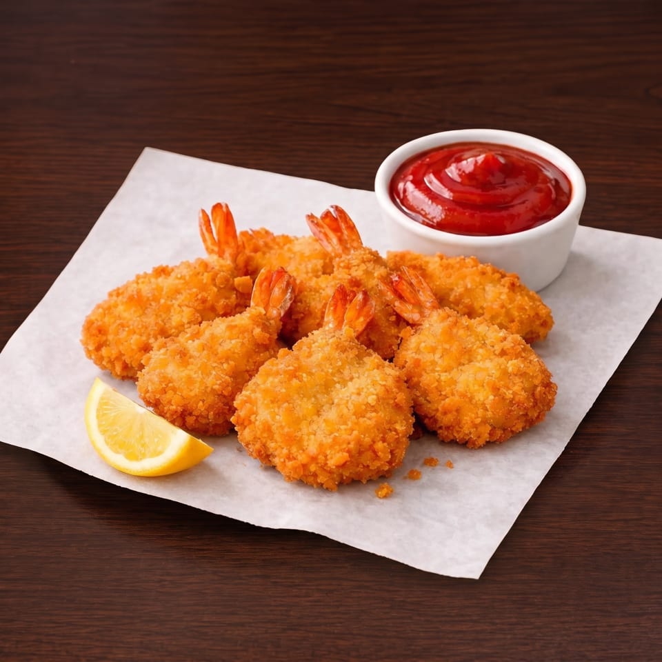 Crispy breaded shrimp with a lemon wedge and a side of ketchup on parchment paper.