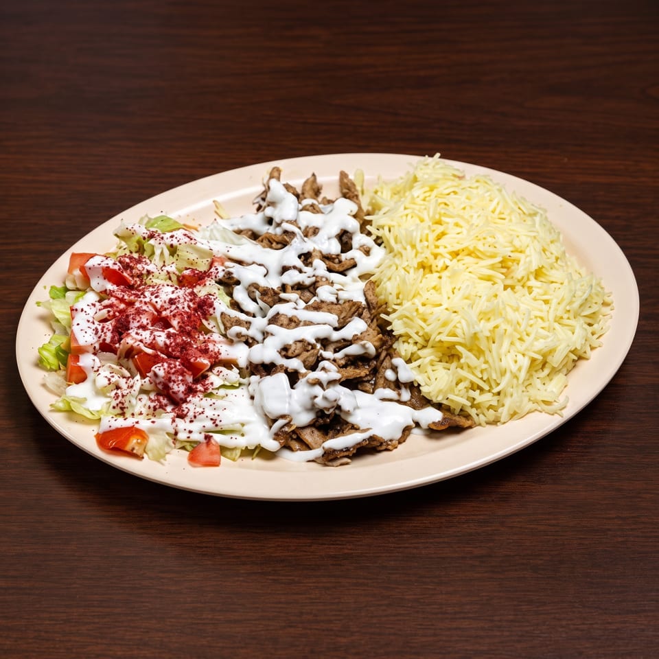 A plate of shawarma with rice, salad, white sauce, and red spice on a wooden table.