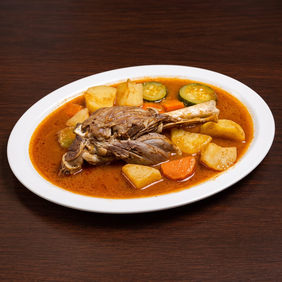 Lamb shank stew with potatoes, carrots, and zucchini in a rich orange broth on a white plate.