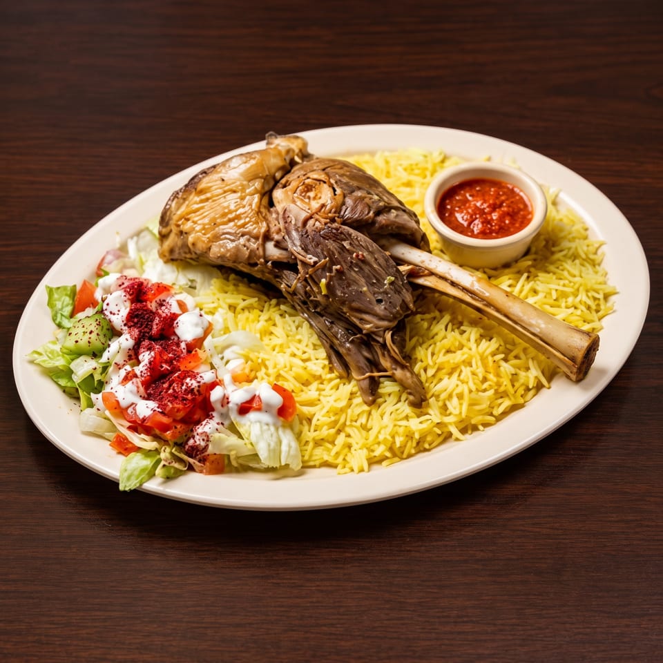 Braised lamb shank with yellow rice, a side salad, and red sauce on a white oval plate.